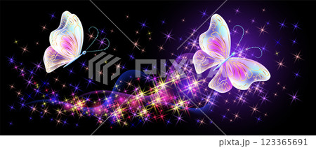 Flying delightful butterflies with sparkle and blazing trail flying in night sky among shiny glowing stars in cosmic space. Love and romance concept. Flying delightful butterflies with sparkle and blazing trail flying in night sky among shiny glowing stars in cosmic space. Love and romance concept. 123365691