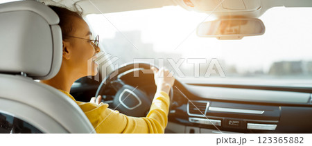 African American woman in sunglasses smiles while driving a car, with her hand on the steering wheel. The view outside the car window is blurred, with a bright sunny sky in the background. 123365882