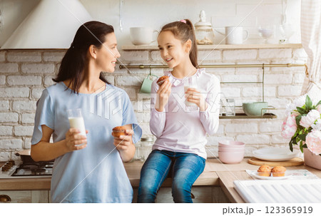 A mother and her daughter are enjoying milk and snacks in a modern kitchen. They are both smiling and looking at each other. The kitchen is decorated with white brick walls A mother and her daughter are enjoying milk and snacks in a modern kitchen. They are both smiling and looking at each other. The kitchen is decorated with white brick walls 123365919