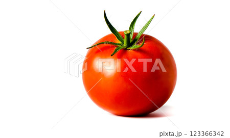 A single red tomato on a white surface 123366342
