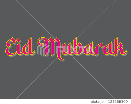 A vibrant graphic featuring the phrase "Eid Mubarak" in stylized lettering against a gray background, celebrating the festive occasion of Eid. 123366509