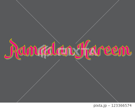 A vibrant graphic featuring the phrase "Ramadan Kareem" in stylized vibrant lettering against a gray background, celebrating the festive occasion of Ramadan. 123366574