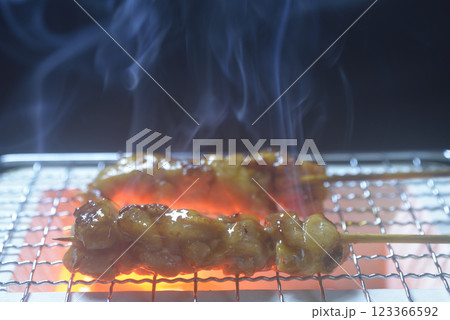 煙り立ち昇る七輪で焼鳥を焼く 煙り立ち昇る七輪で焼鳥を焼く 123366592