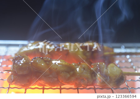 煙り立ち昇る七輪で焼鳥を焼く 123366594