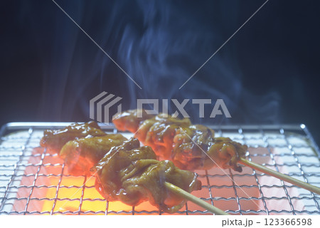 煙り立ち昇る七輪で鳥皮を焼く 煙り立ち昇る七輪で鳥皮を焼く 123366598