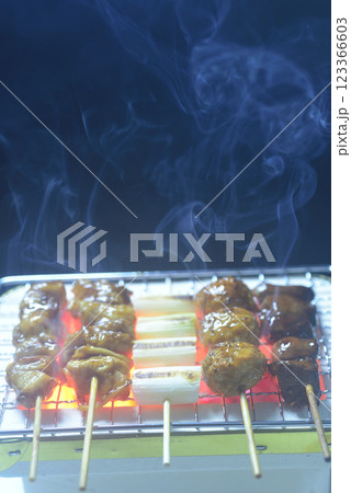 煙り立ち昇る七輪で焼鳥を焼く 123366603