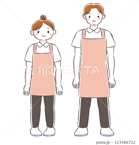 エプロンを付けた笑顔の男女の手描きイラストセット 123366722