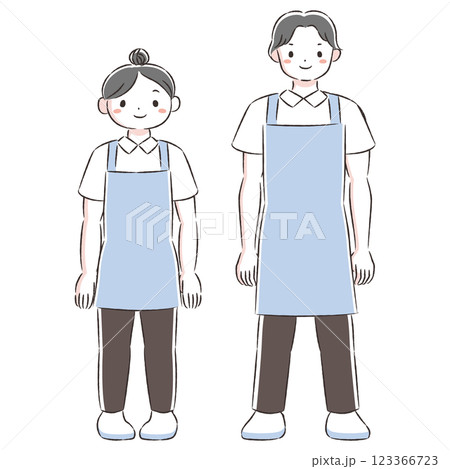 エプロンを付けた笑顔の男女の手描きイラストセット エプロンを付けた笑顔の男女の手描きイラストセット 123366723