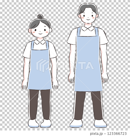 エプロンを付けた笑顔の男女の手描きイラストセット エプロンを付けた笑顔の男女の手描きイラストセット 123366723