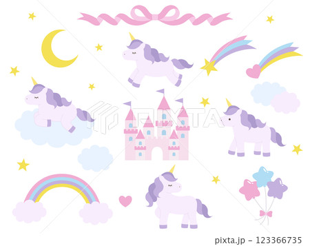 かわいいユニコーンのベクターイラストセット。馬、虹、流れ星、風船、リボン、お城、月 かわいいユニコーンのベクターイラストセット。馬、虹、流れ星、風船、リボン、お城、月 123366735