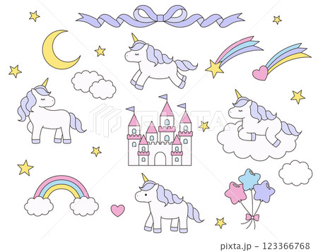 かわいいユニコーンのベクターイラストセット。馬、虹、流れ星、風船、リボン、お城、月、線 123366768