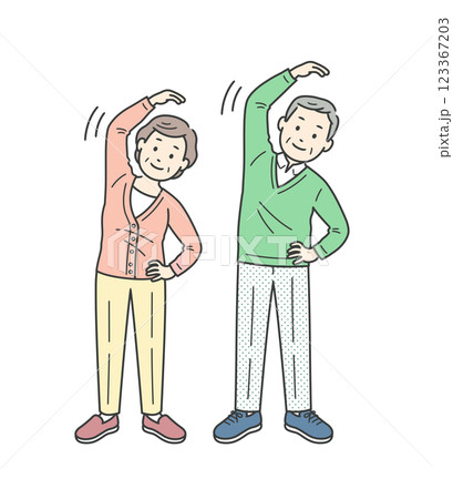 脇腹を伸ばすストレッチをする高齢男女イラストセット 123367203