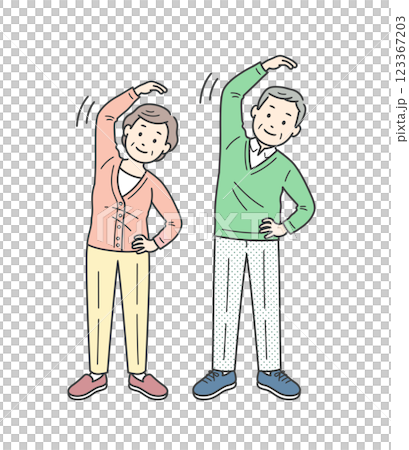 脇腹を伸ばすストレッチをする高齢男女イラストセット 123367203