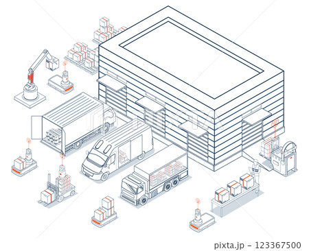 Modern warehouse with autonomous robots moving inventory. Essential visual for tech-forward supply chain, logistics, and inventory management solutions. 123367500