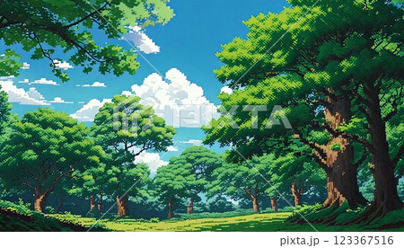 レトロゲーム風の自然のピクセルアート背景（小さな森） Generative AI 123367516