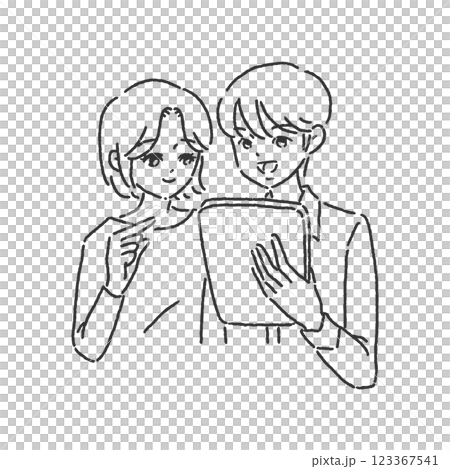 タブレットを2人でみる　線画 123367541