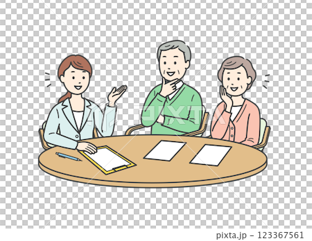 Elderly man and woman receiving explanation from care manager woman illustration (color 123367561