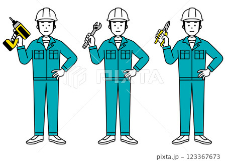 工具を持つ作業員の男性のセット（全身） 123367673