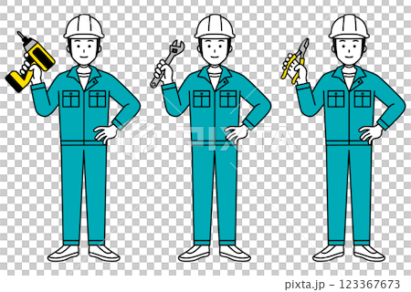 工具を持つ作業員の男性のセット（全身） 123367673