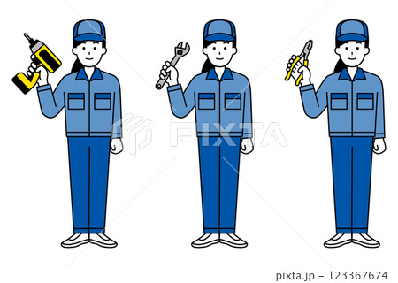 工具を持つつなぎ作業服の女性のセット(全身) 工具を持つつなぎ作業服の女性のセット(全身) 123367674