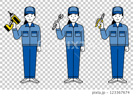 Set of women in overalls holding tools (full body) 123367674