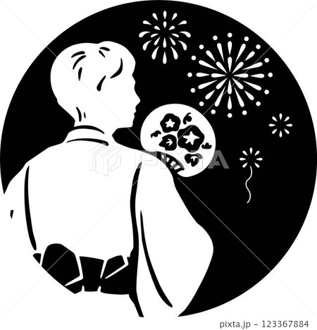 夏　祭り　シルエット　浴衣　男性　花火　手描き　和装　背景　イラスト　白黒 123367884