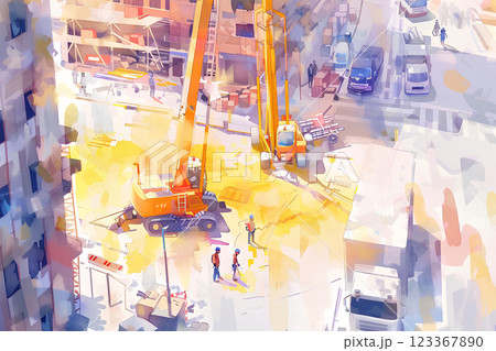 マンションの建設現場風景(水彩画) マンションの建設現場風景(水彩画) 123367890