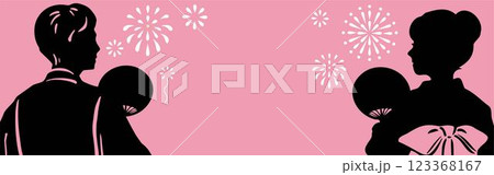 バナー フレーム シルエット 浴衣 男性 女性 手描き 夏 花火 フレーム 背景 デザイン バナー フレーム シルエット 浴衣 男性 女性 手描き 夏 花火 フレーム 背景 デザイン 123368167