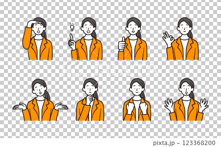 日本人ビジネスウーマンの上半身のシンプルなイラスト素材8点セット 日本人ビジネスウーマンの上半身のシンプルなイラスト素材8点セット 123368200