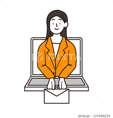 メールをノートパソコンの中から届ける笑顔のビジネスウーマンのイラスト素材 メールをノートパソコンの中から届ける笑顔のビジネスウーマンのイラスト素材 123368224