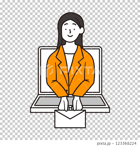 メールをノートパソコンの中から届ける笑顔のビジネスウーマンのイラスト素材 メールをノートパソコンの中から届ける笑顔のビジネスウーマンのイラスト素材 123368224