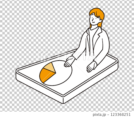 Simple illustration of a businesswoman explaining a pie chart on a tablet Simple illustration of a businesswoman explaining a pie chart on a tablet 123368251