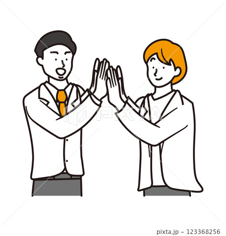 ハイタッチする女性と男性のビジネスパーソンのシンプルな上半身のイラスト素材 123368256