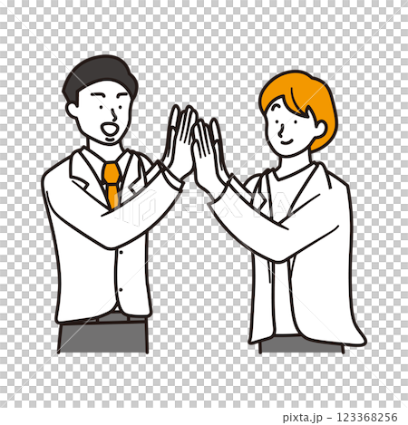 ハイタッチする女性と男性のビジネスパーソンのシンプルな上半身のイラスト素材 123368256