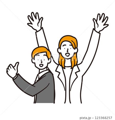 バンザイをしている女性とグッドポーズの男性のビジネスパーソンのシンプルな上半身のイラスト素材 123368257