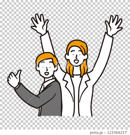 A simple illustration material of a woman doing a banzai and a man doing a good pose 123368257