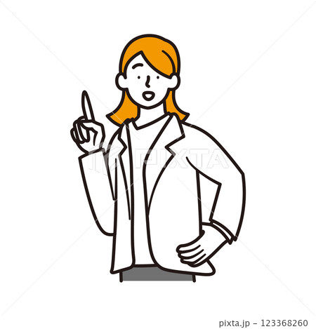 笑顔で指差ししているビジネスウーマンのシンプルな上半身のイラスト素材 123368260