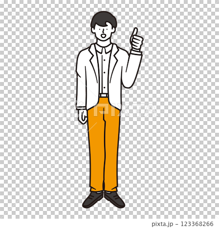 A simple full-body illustration of a smiling businessman pointing 123368266