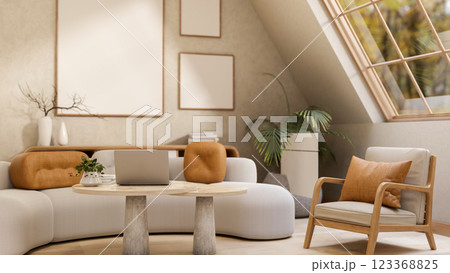 Modern style curved fabric sofa with marble table and arm chair in the sunlit room with large window Modern style curved fabric sofa with marble table and arm chair in the sunlit room with large window 123368825