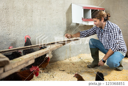 Male farmer feeding bird in the backyard of village house Male farmer feeding bird in the backyard of village house 123368851