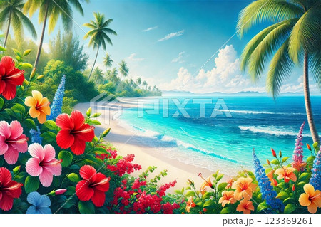 ハイビスカスと南国の海 123369261