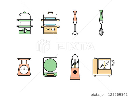 イラスト素材：シンプルなキッチン調理家電の線画イラストセット（カラー） 123369541