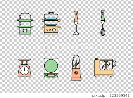 插畫素材：簡易廚房烹飪用具線描插圖集（彩色） 123369541
