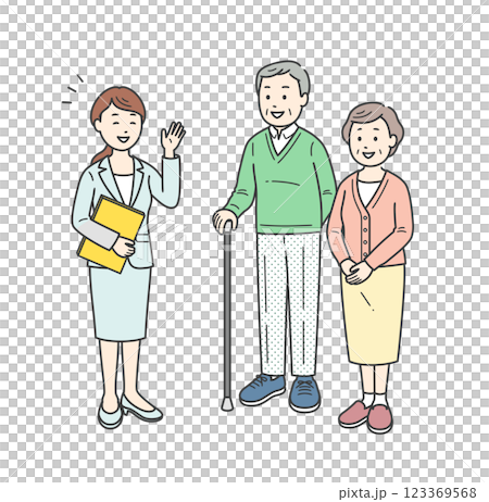 一對老年夫婦接受一位穿西裝的女士解釋的插圖（彩色 123369568