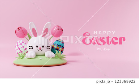 Cute Easter Bunny with Flowers 3D render illustration Cute Easter Bunny with Flowers 3D render illustration 123369922