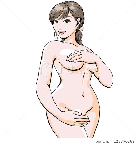 手ブラ手パンツ_セクシーなポーズを決める裸の若い女性_上半身 手ブラ手パンツ_セクシーなポーズを決める裸の若い女性_上半身 123370268