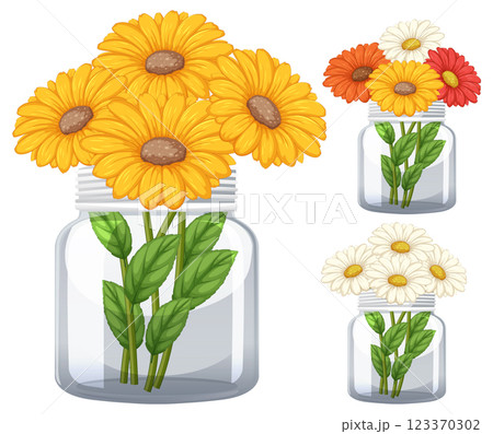 Colorful Flowers in Glass Jars 123370302