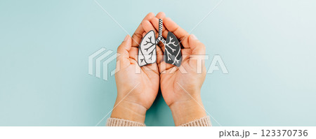 Lungs paper held by two hands represents World TB Day. Raising awareness about tuberculosis 123370736