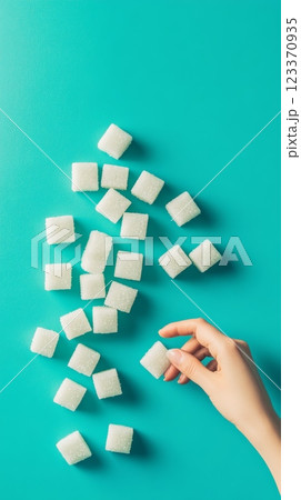 Hand is picking up a sugar cube from a turquoise background, symbolizing sugar reduction, a low sugar lifestyle, and the dangers of excessive sugar consumption Hand is picking up a sugar cube from a turquoise background, symbolizing sugar reduction, a low sugar lifestyle, and the dangers of excessive sugar consumption 123370935