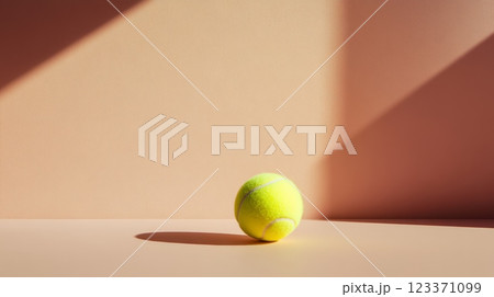 Bright yellow tennis ball standing on a peach colored surface, casting a distinct shadow under dramatic lighting, creating a minimalist composition with potential for copy space 123371099